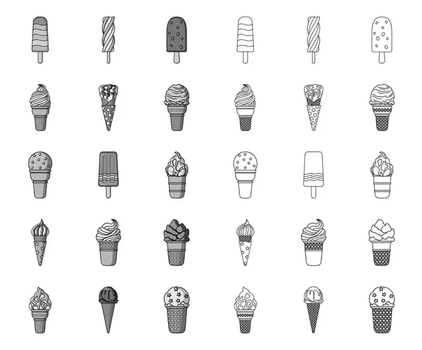 Diferentes helados mono, esbozan iconos en la colección de conjuntos para el diseño. Postres y dulzura vector símbolo stock web ilustración . — Archivo Imágenes Vectoriales