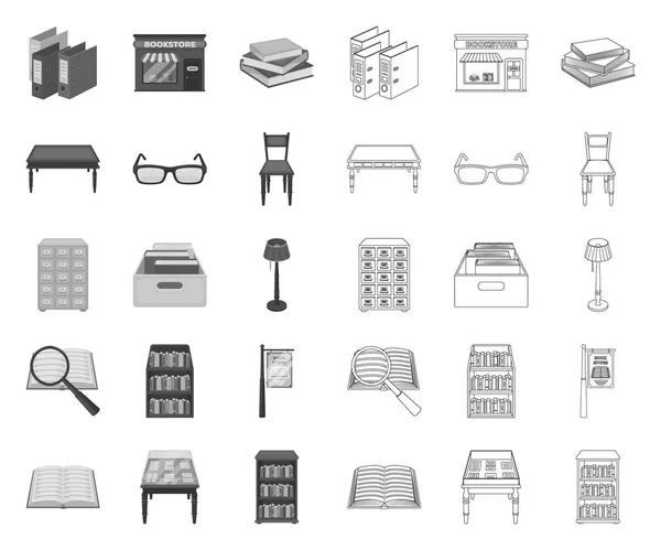 V knihovně a knihkupectví se nachází jednoúrovňové ikony v kolekci set pro návrh. Knihám a bytové zařízení symbol akciového webu ilustrace. — Stockový vektor
