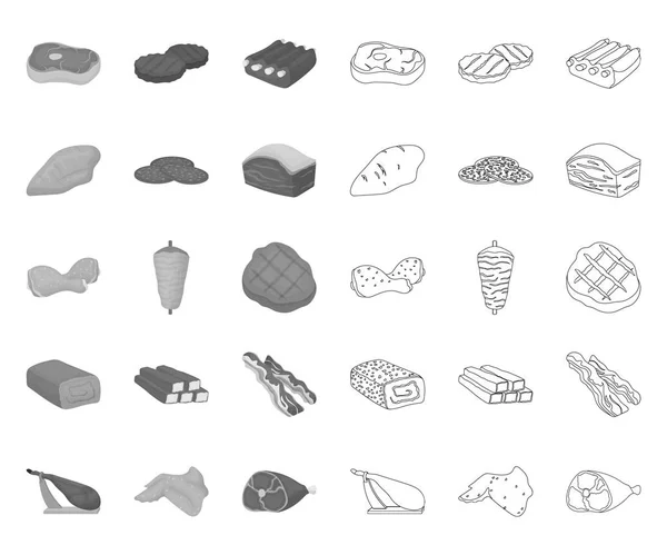 Diferentes carnes mono, esbozan iconos en la colección de conjuntos para el diseño. Carne producto vector símbolo stock web ilustración . — Vector de stock