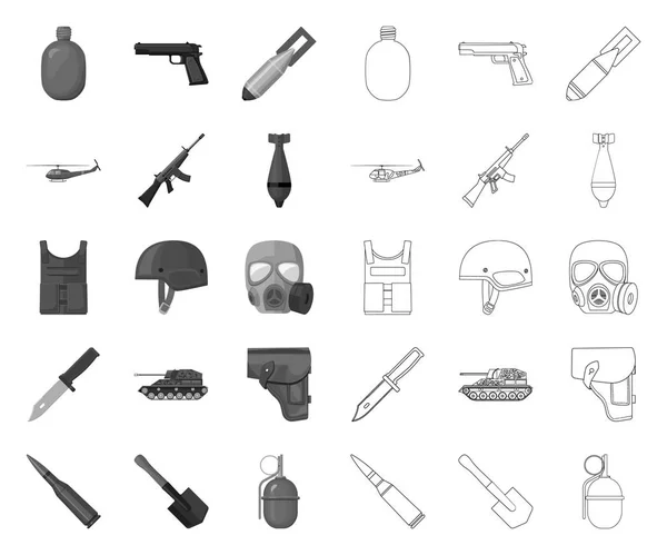 Army och Armament mono, kon tur ikoner i set Collection för design. Vapen och utrustning vektor symbol Stock Web illustration. — Stock vektor