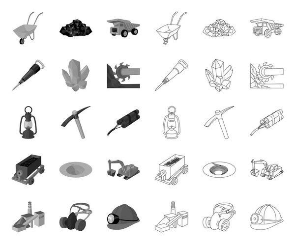 Industrie minière mono, icônes de contour dans la collection de jeu pour la conception. Matériel et outils symbole vectoriel stock illustration web . — Image vectorielle