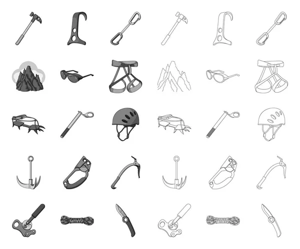 등산 및 등반 모노, 디자인 세트 컬렉션의 윤곽 아이콘. 장비 및 액세서리 벡터 기호 스톡 웹 일러스트. — 스톡 벡터