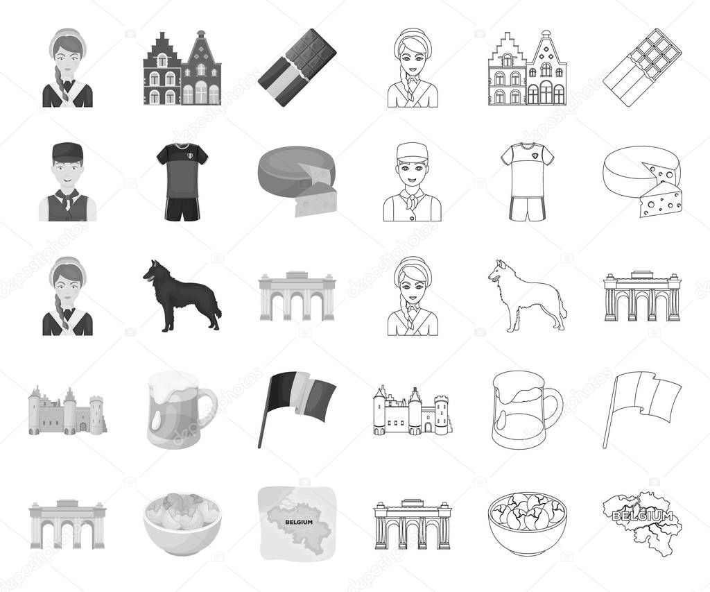 Country Belgium mono,outline icons in set collection for design.Travel and attractions Belgium vector symbol stock  illustration.