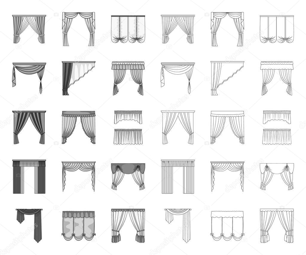 Different kinds of curtains mono,outline icons in set collection for design. Curtains and lambrequins vector symbol stock  illustration.