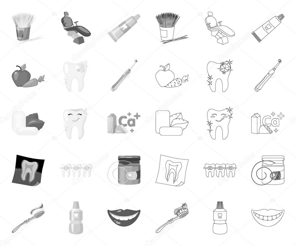 Dental care mono,outline icons in set collection for design. Care of teeth vector symbol stock  illustration.