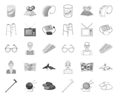 İnsan yaşlılık mono, tasarım için set koleksiyonunda anahat simgeler. Emekli, yaşam vektör sembolü stok web illüstrasyon dönemi.