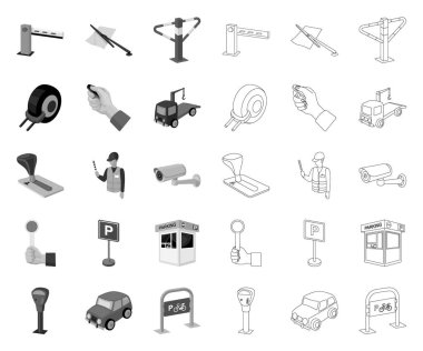 Arabalar için park mono, tasarım için set koleksiyonunda anahat simgeleri. Ekipman ve hizmet vektör sembolü stok web illüstrasyon.