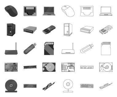 Tasarım için set koleksiyonunda kişisel bilgisayar mono, anahat simgeleri. Ekipman ve aksesuarları vektör sembolü stok web illüstrasyon.