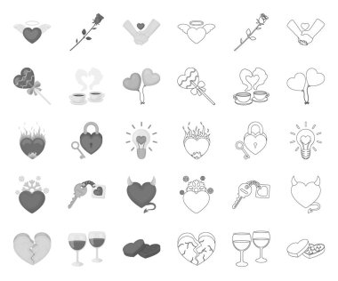 Romantik ilişki mono, tasarım için set koleksiyonunda anahat simgeler. Aşk ve dostluk vektör sembolü stok web illüstrasyon.