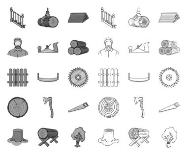 Sawmill ve Timber mono, tasarım için set koleksiyonunda anahat simgeleri. Donanım ve Araçlar vektör sembolü stok web illüstrasyon.