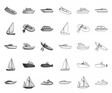 Su ve deniz taşımacılığı mono, tasarım için set koleksiyonunda anahat simgeler. Çeşitli tekneler ve gemiler vektör sembolü stok web illüstrasyon.