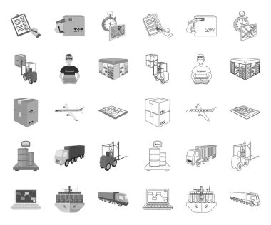 Tasarım için set koleksiyonunda lojistik ve teslimat mono, anahat simgeleri. Taşıma ve ekipman izometrik vektör sembolü stok web illüstrasyon.