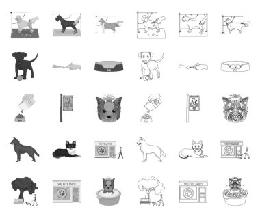 Tasarım için set koleksiyonunda Pet mono, anahat simgeleri. Bakım ve eğitim vektör sembolü stok web illüstrasyon.