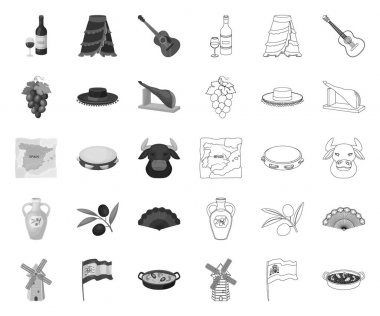 İspanya ülke mono, tasarım için set koleksiyonunda anahat simgeleri. Seyahat ve konumlar vektör sembolü stok web illüstrasyon.