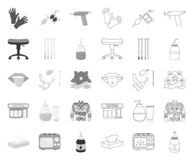 Dövme, vücut mono çizim, tasarım için set koleksiyonunda anahat simgeleri. Dövme salonu ve ekipman vektör sembolü stok web illüstrasyon.