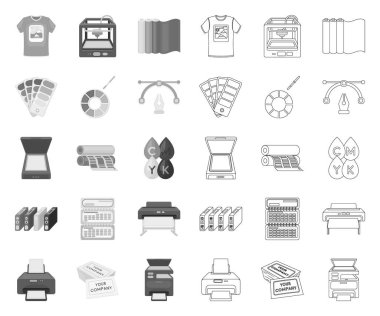 Tipografik ürünler mono, tasarım için set koleksiyonunda anahat simgeleri. Baskı ve ekipman vektör sembolü stok web illüstrasyon.