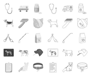 Veteriner kliniği mono, tasarım için set koleksiyonunda anahat simgeler. Bir evcil hayvan vektör sembolü stok web illüstrasyon tedavisi.