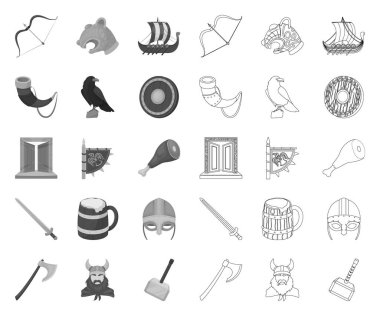 Vikingler ve öznitelikleri tasarım için set koleksiyonunda mono, anahat simgeleri. Eski İskandinav Warrior vektör sembolü stok web illüstrasyon.
