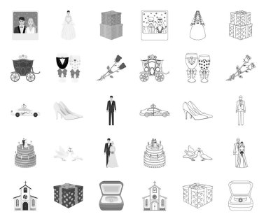 Düğün ve Öznitelikler mono, tasarım için set koleksiyonunda anahat simgeleri. Yeni evliler ve Aksesuarlar vektör sembolü stok web illüstrasyon.