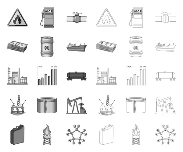 石油工业单体，在集合集合设计中的轮廓图标。设备和石油生产载体符号库存网图. — 图库矢量图片