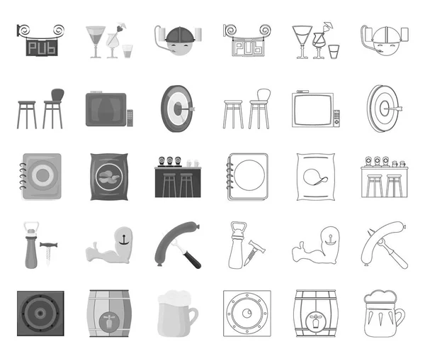 Pub, interior and equipment mono,outline icons in set collection for design. Alcohol and food vector symbol stock web illustration. — Stock Vector