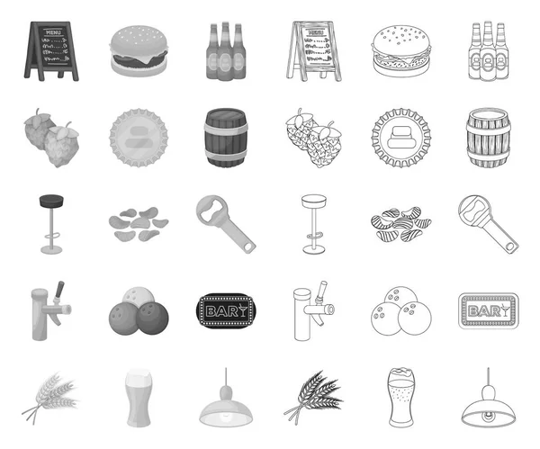 Pub, interior y equipamiento mono, esbozan iconos en la colección de conjuntos para el diseño. Alcohol y comida vector símbolo stock web ilustración . — Archivo Imágenes Vectoriales