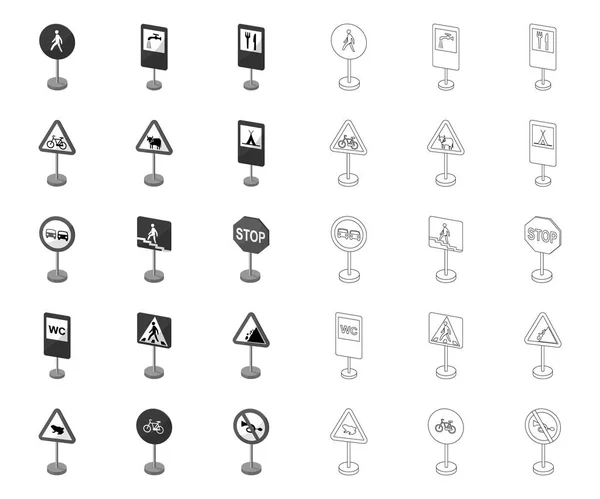 Verschiedene Arten von Verkehrsschildern mono, umreißen Symbole in Set-Sammlung für Design. Warn- und Verbotsschilder Vektor Symbol Stock Web Illustration. — Stockvektor