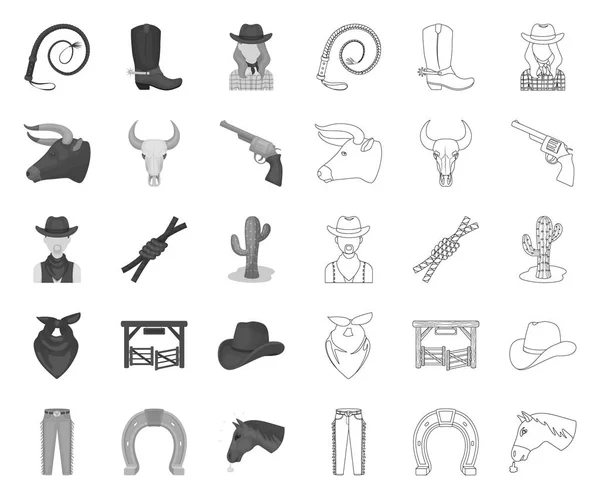 Rodeio, competição mono, ícones esboço na coleção de conjuntos para o design. Cowboy e equipamento símbolo vetorial ilustração web . — Vetor de Stock