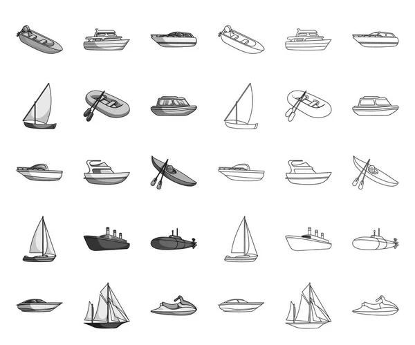 물과 바다 수송 모노, 디자인 세트 컬렉션의 윤곽 아이콘. 다양한 보트와 선박 벡터 기호 스톡 웹 일러스트. — 스톡 벡터