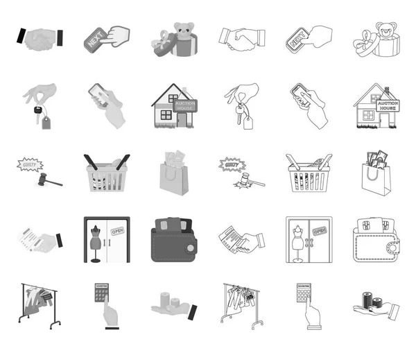 E-commerce en Business mono, overzichts pictogrammen in set collectie voorontwerp. Kopen en verkopen van vector symbool voorraad Web illustratie. — Stockvector