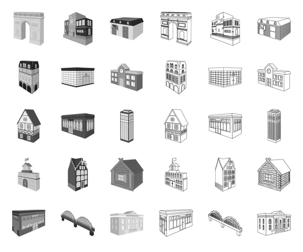 Gebäude und Architektur mono, Umrisse Symbole in Set-Sammlung für Design. Der Bau- und Wohnungsvektor isometrisches Symbol Stock Web-Illustration. — Stockvektor