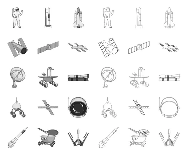 Space Technology mono, contour iconen in set collectie voorontwerp. Ruimtevaartuig en uitrusting vector symbool voorraad Web illustratie. — Stockvector