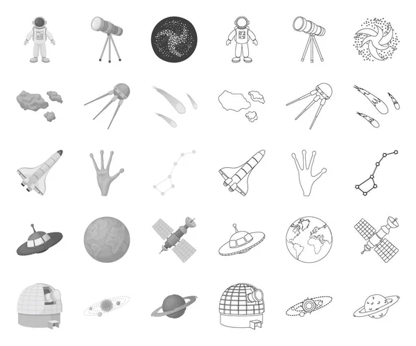 Tecnologia spaziale mono, icone di contorno nella collezione set per il design.Spacecraft e attrezzature vettoriale simbolo stock web illustrazione . — Vettoriale Stock