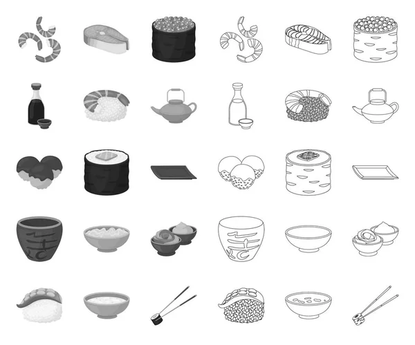 Sushi und Würze Mono, umreißen Symbole in Set-Kollektion für Design. Meeresfrüchte Lebensmittel, Zubehör Vektor Symbol Stock Web-Illustration. — Stockvektor
