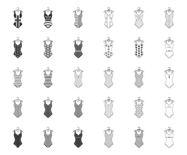 Diferentes tipos de trajes de baño mono, esbozan iconos en la colección de conjuntos para el diseño. Accesorios de natación vector símbolo stock web ilustración . — Archivo Imágenes Vectoriales