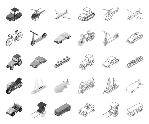 Różne rodzaje transportu mono, ikony konspektu w zbiorze kolekcja dla projektu. Ilustracja izometryczny wektor samochód i statek. — Wektor stockowy