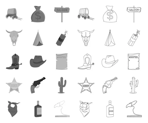 Attributs de l'ouest sauvage mono, icônes de contour dans la collection ensemble pour design.Texas et America vecteur symbole stock web illustration . — Image vectorielle