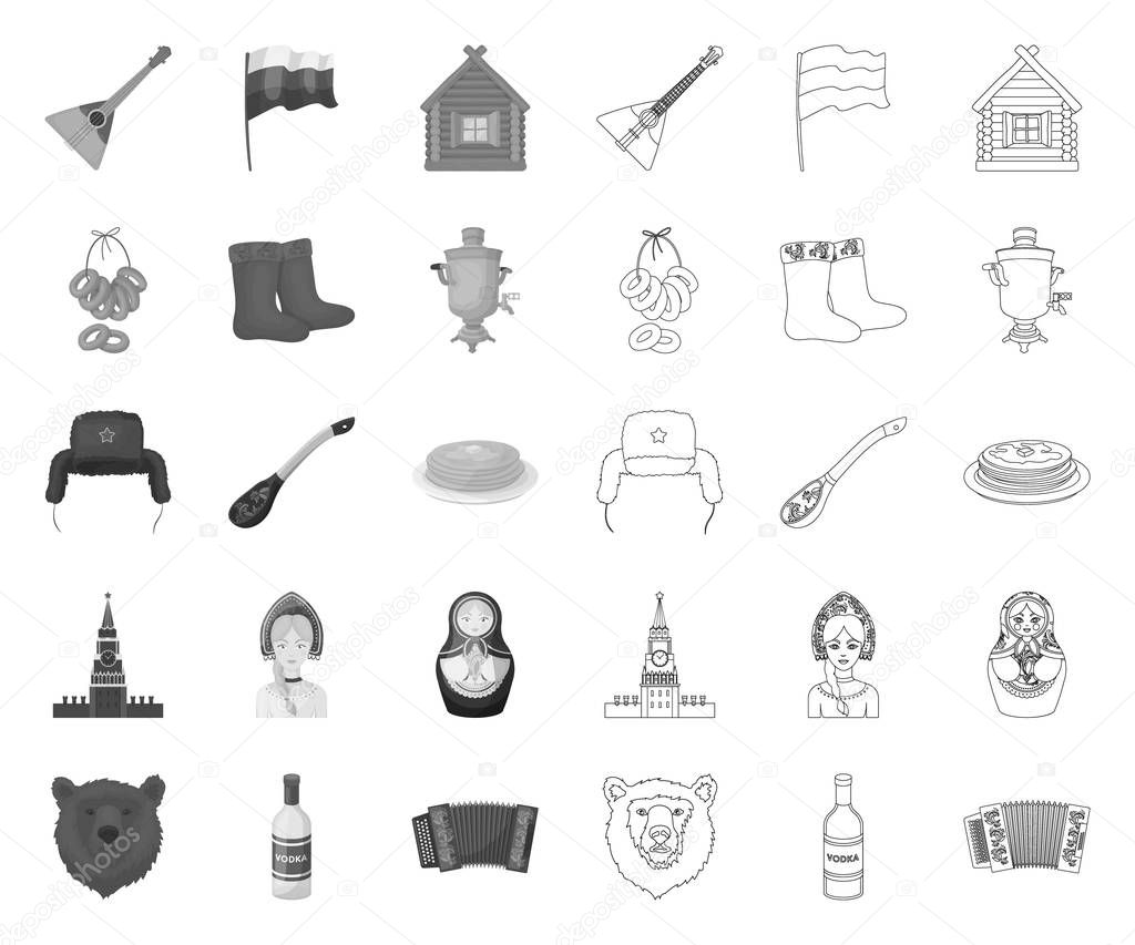 Country Russia, travel mono,outline icons in set collection for design. Attractions and features vector symbol stock web illustration.