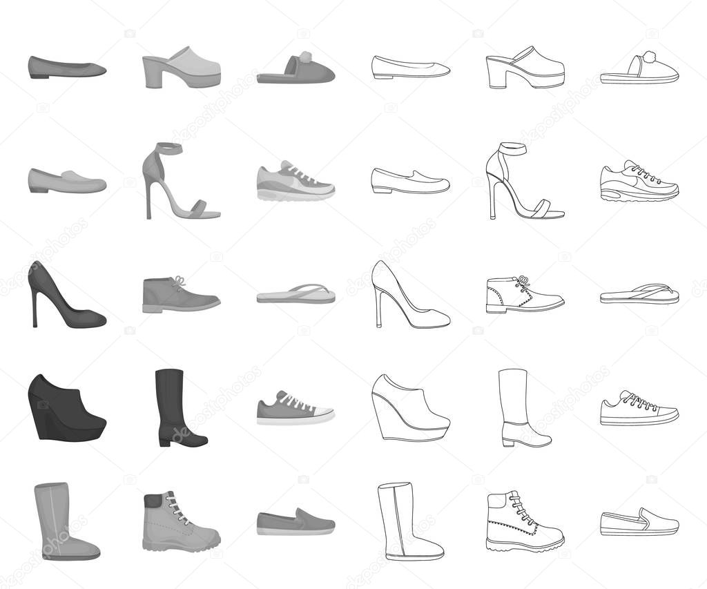 A variety of shoes mono,outline icons in set collection for design. Boot, sneakers vector symbol stock web illustration.