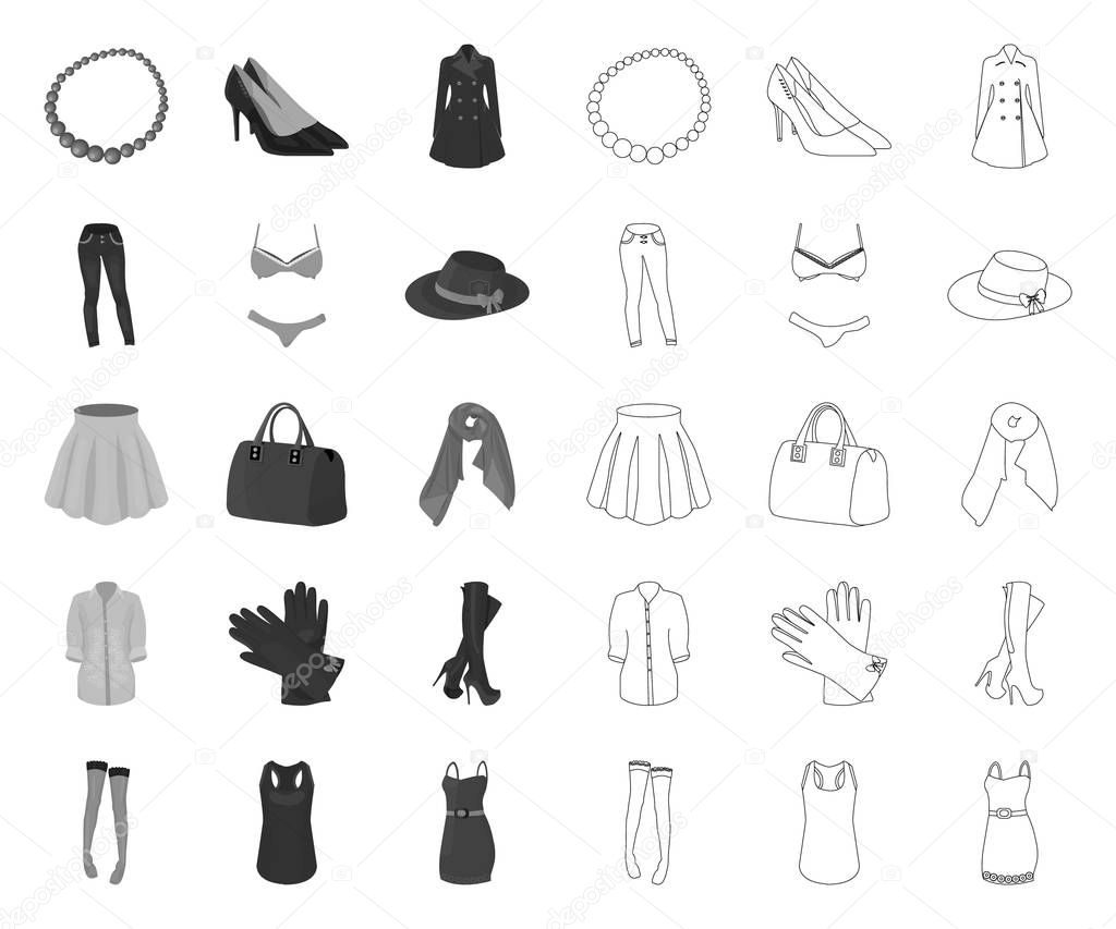 Womens Clothing mono,outline icons in set collection for design.Clothing Varieties and Accessories vector symbol stock  illustration.