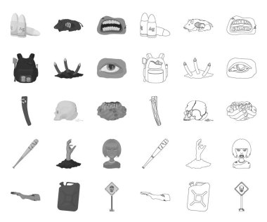 Zombiler ve Öznitelikler mono, tasarım için set koleksiyonunda taslak simgeleri. Ölü adam vektör sembolü web illüstrasyonu.