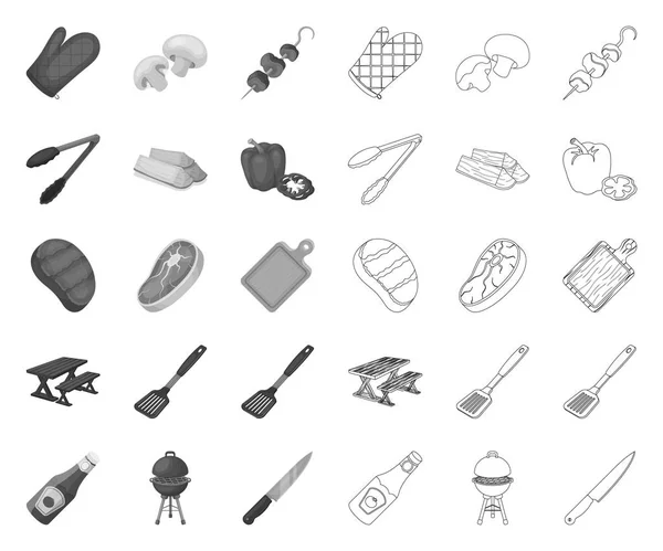 Barbecue and equipment mono,outline icons in set collection for design. Picnic and fried food vector symbol stock web illustration. — Stock Vector