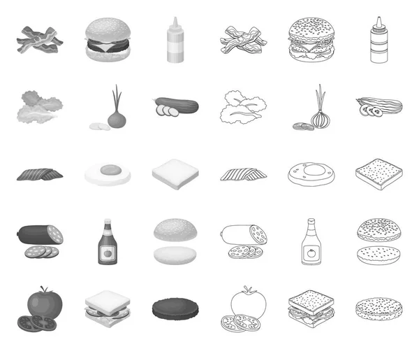 Burgare och ingredienser mono, kontur ikoner i set kollektion för design. Burger matlagning vektor symbol Stock Web illustration. — Stock vektor