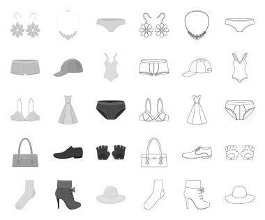 Giysi ve aksesuarlar mono, tasarım için set koleksiyonunda anahat simgeler. Ayakkabı ve dekorasyon vektör sembolü stok web illüstrasyon.