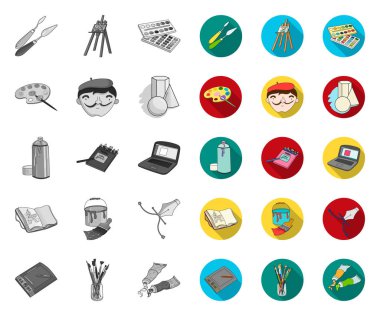 Ressam ve çizim mono, tasarım için set koleksiyonunda düz simgeler. Sanatsal aksesuarlar vektör sembolü stok web illüstrasyon.