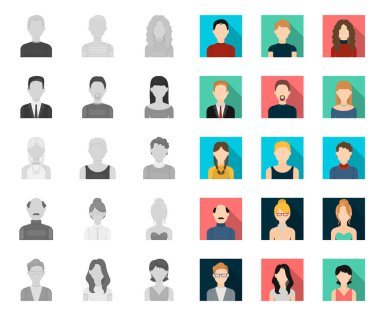 Avatar ve yüz mono, tasarım için set koleksiyonunda düz simgeler. Bir kişi görünüm vektör sembolü stok web illüstrasyon.