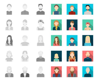 Avatar ve yüz mono, tasarım için set koleksiyonunda düz simgeler. Bir kişi görünüm vektör sembolü stok web illüstrasyon.