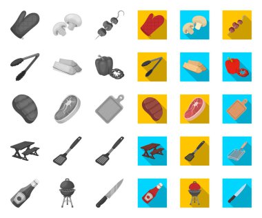 Barbekü ve ekipman mono, tasarım için set koleksiyonunda düz simgeler. Piknik ve kızarmış gıda vektör sembolü stok web illüstrasyon.