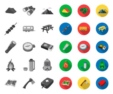 Tasarım için set koleksiyonunda kamp mono, düz simgeler rest. Kamp ve ekipman vektör sembolü stok web illüstrasyon.