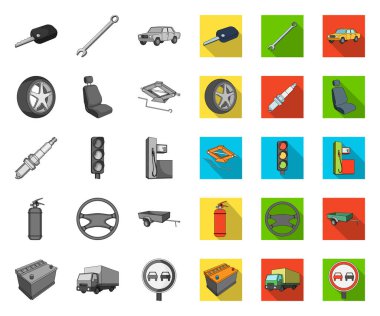 Araba, araç mono, tasarım için set koleksiyonunda düz simgeler. Araba ve ekipman vektör sembolü stok web illüstrasyon.